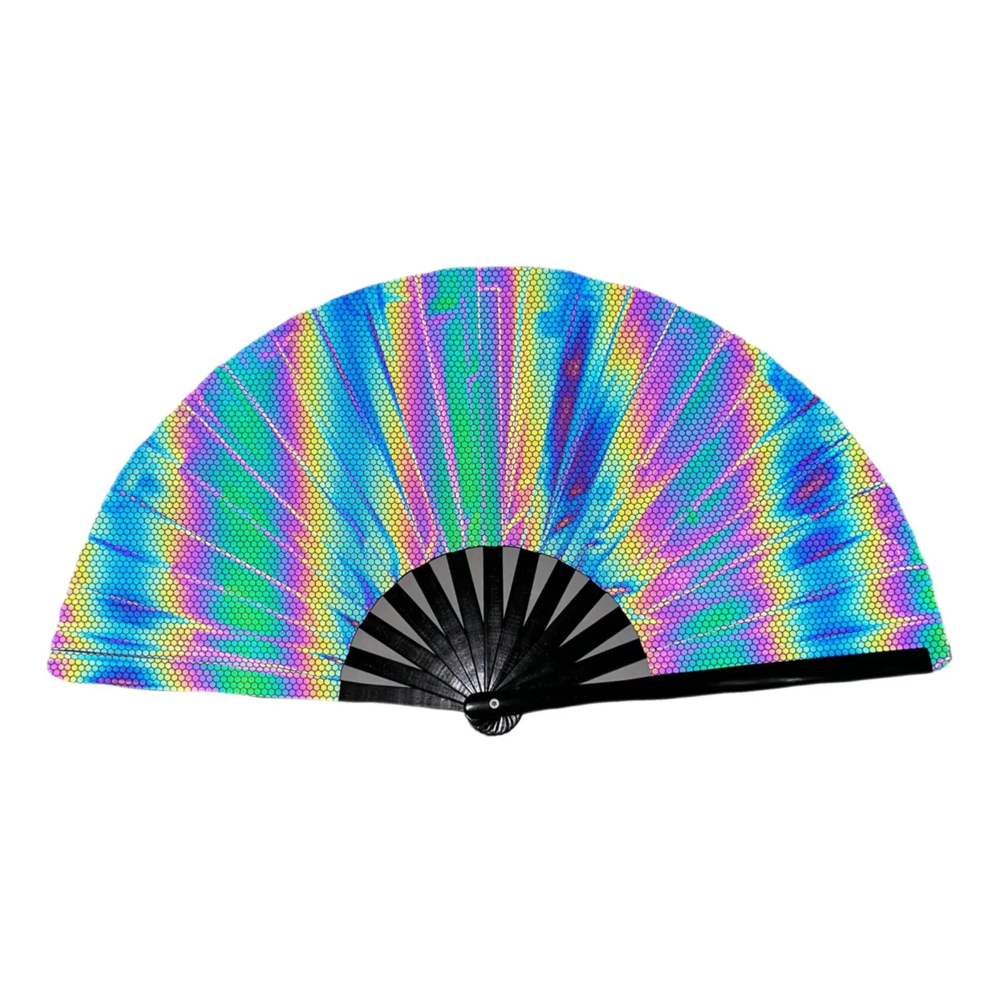 New Foldable Bamboo Fan 33cm Lightweight Holding Laser Colors Hand Fan Portable PVC Clack Clapping Fans for Line Dancing Oasis Select
