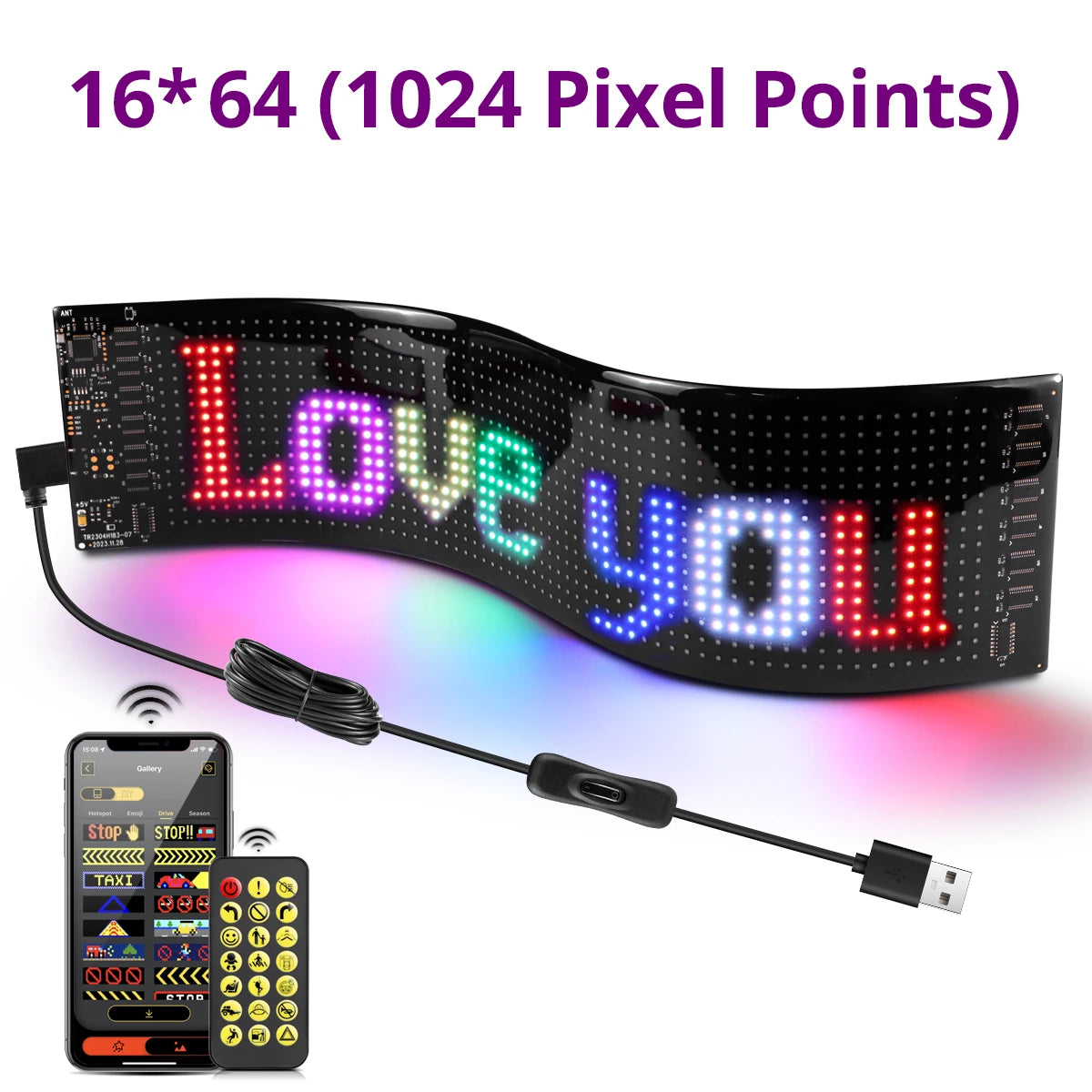 Flexible Car Devil's Eye Display Screen Graffiti Scrolling Animation Shop Reminder Light Big Truck Light Matrix Pixel Panel USB Oasis Select 9x37CM 16x64 LEDs