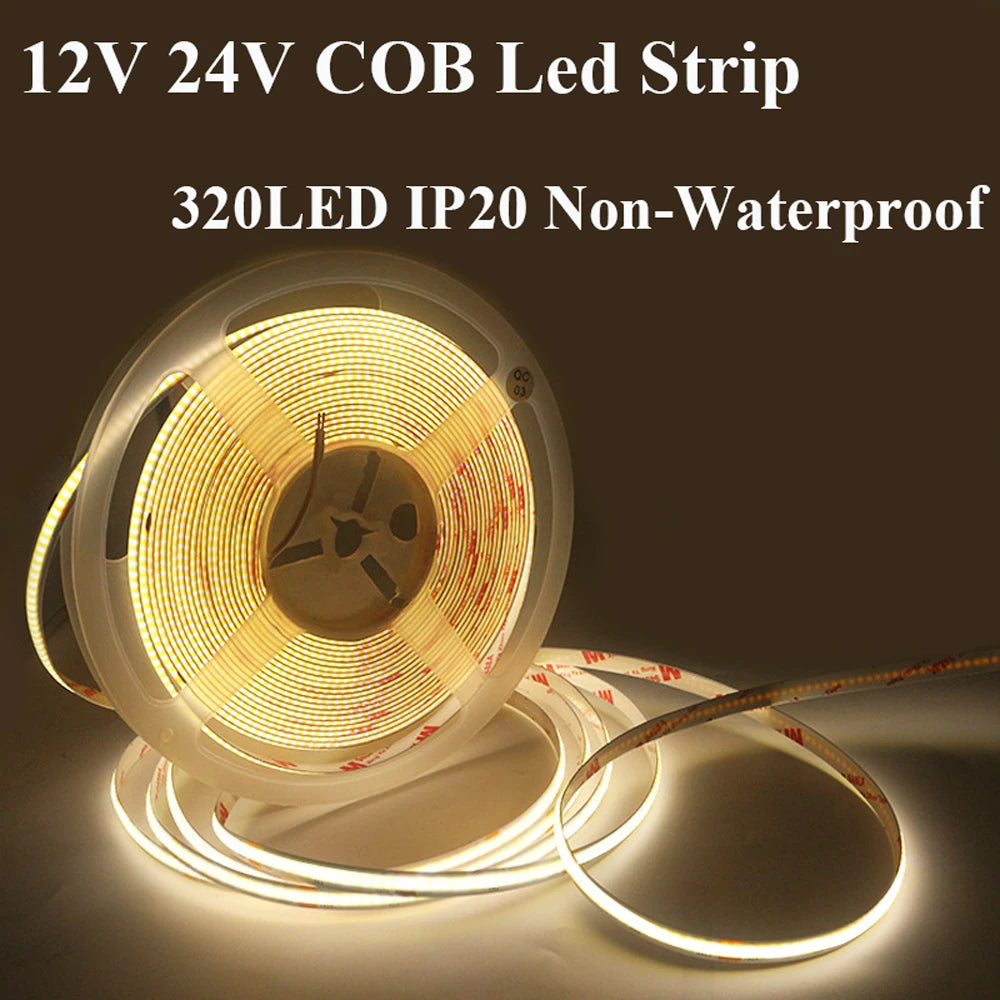 12V 24V COB Flexible Tape Diode LED Strip Lights 320LEDs/M 12V 0.5m 1m 2m 3m 4m 5m RA90 Not Waterproof Nature White Warm White Oasis Select
