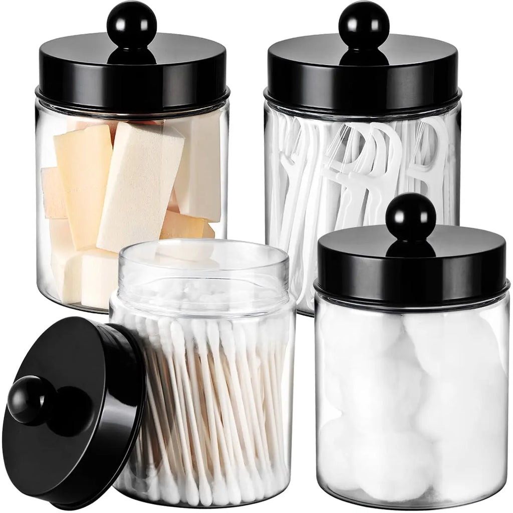 Bathroom Vanity Storage Organizer Set -- Farmhouse Decor Qtip Holder for Cotton Swabs,Makeup Sponges,Flossers,Paper Clips Oasis Select 4pcs-black