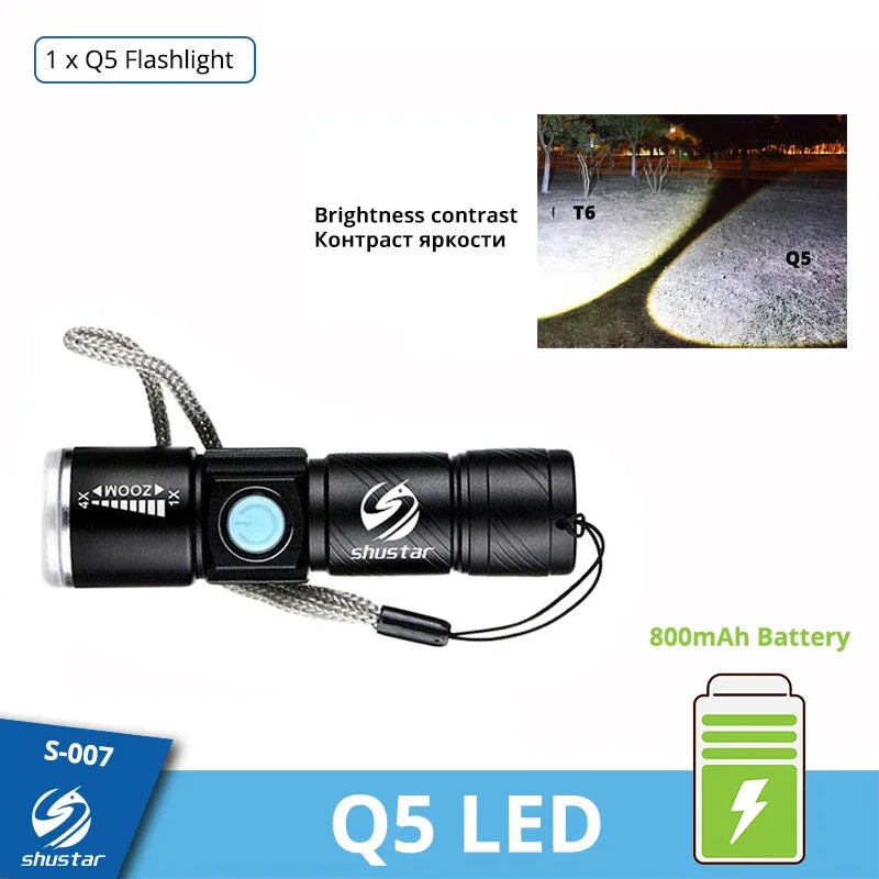 Powerful LED Flashlight With Tail USB Charging Head Zoomable waterproof Torch Portable light 3 Lighting modes Built-in battery Oasis Select 515 Q5-LED Rechargeable