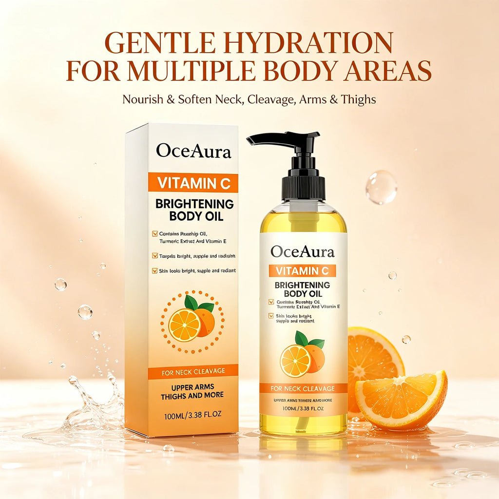 OceAura Vitamin C Body Oil Brightening Moisturizing Turmeric Rosehip Oil Dry Skin Smooth Radiant Neck Chest Arms Thighs 100ml Oasis Select