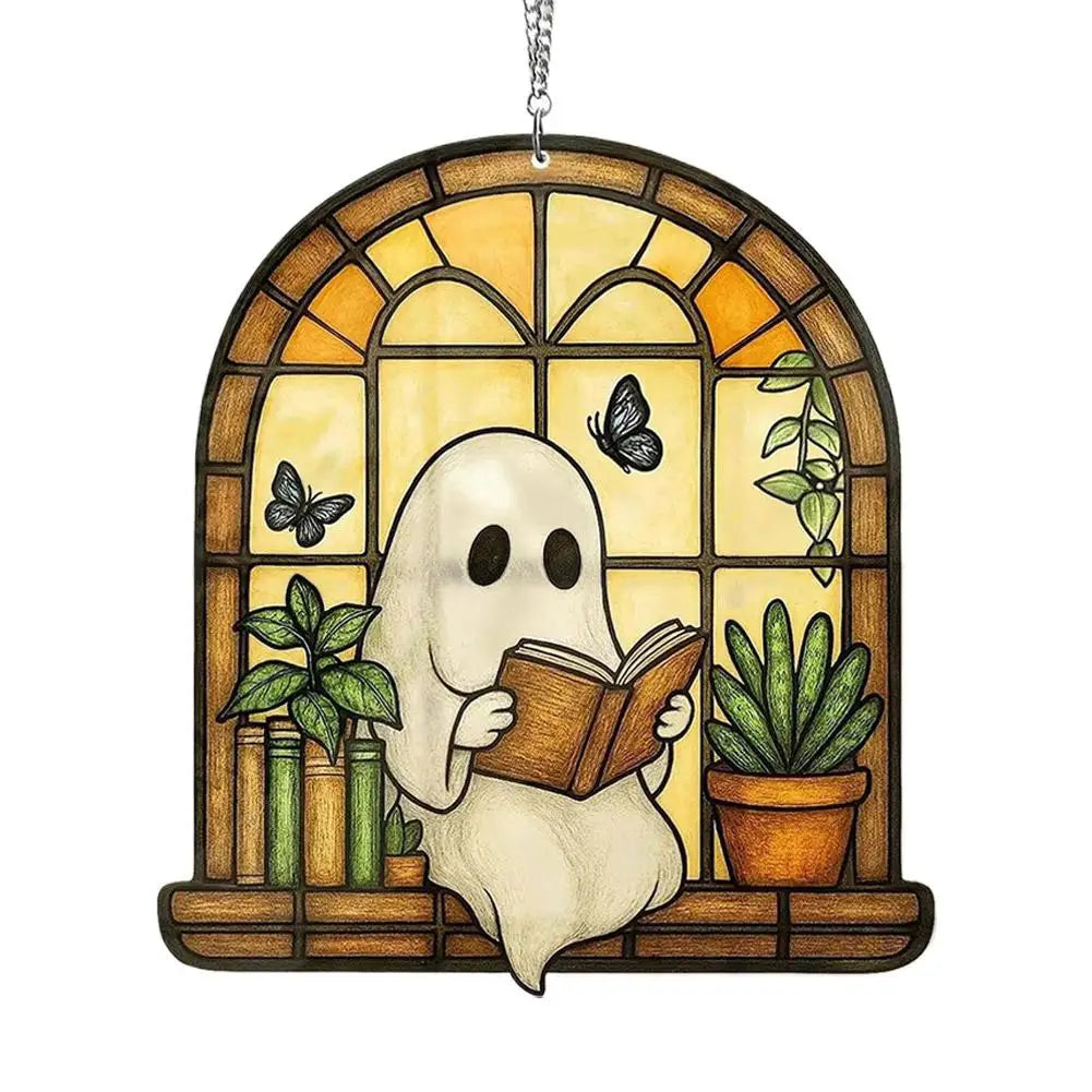 Ghost Reading Book Suncatcher – Acrylic Window Ornament