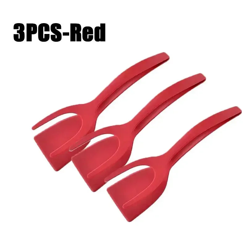 2 in 1 Shovel Clip Silicone Grip Flip Tongs Egg Steak Spatula Tongs Clamp Pancake Fried Turners Cooking Tool Kitchen Accessories Oasis Select 3PCS-Red