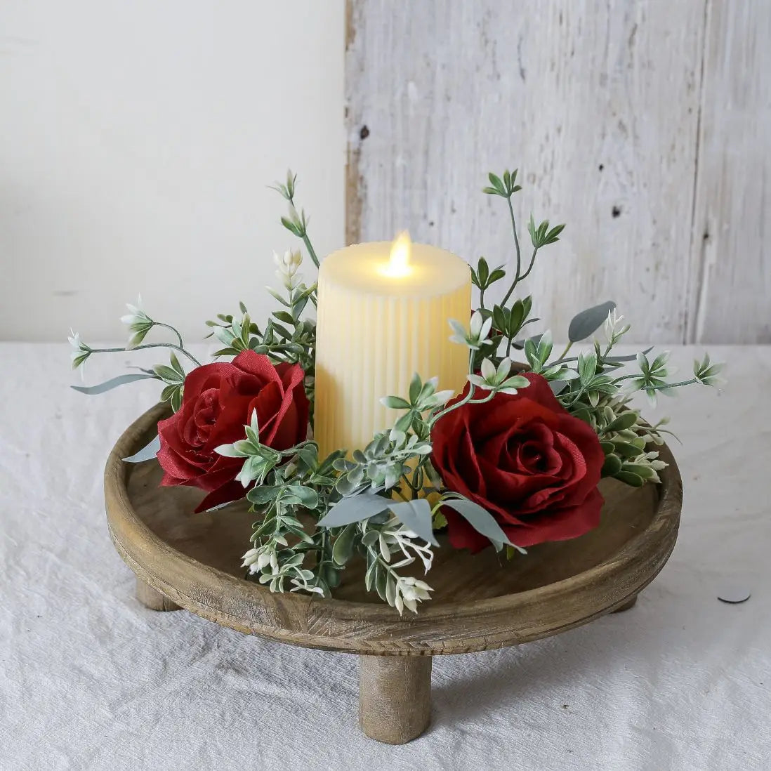 Artificial Rose Candle Ring Pillar Candles Greenery Flower Wreath Seasonal Candle Ring For Wedding Centerpiece Holiday Decor Oasis Select Red