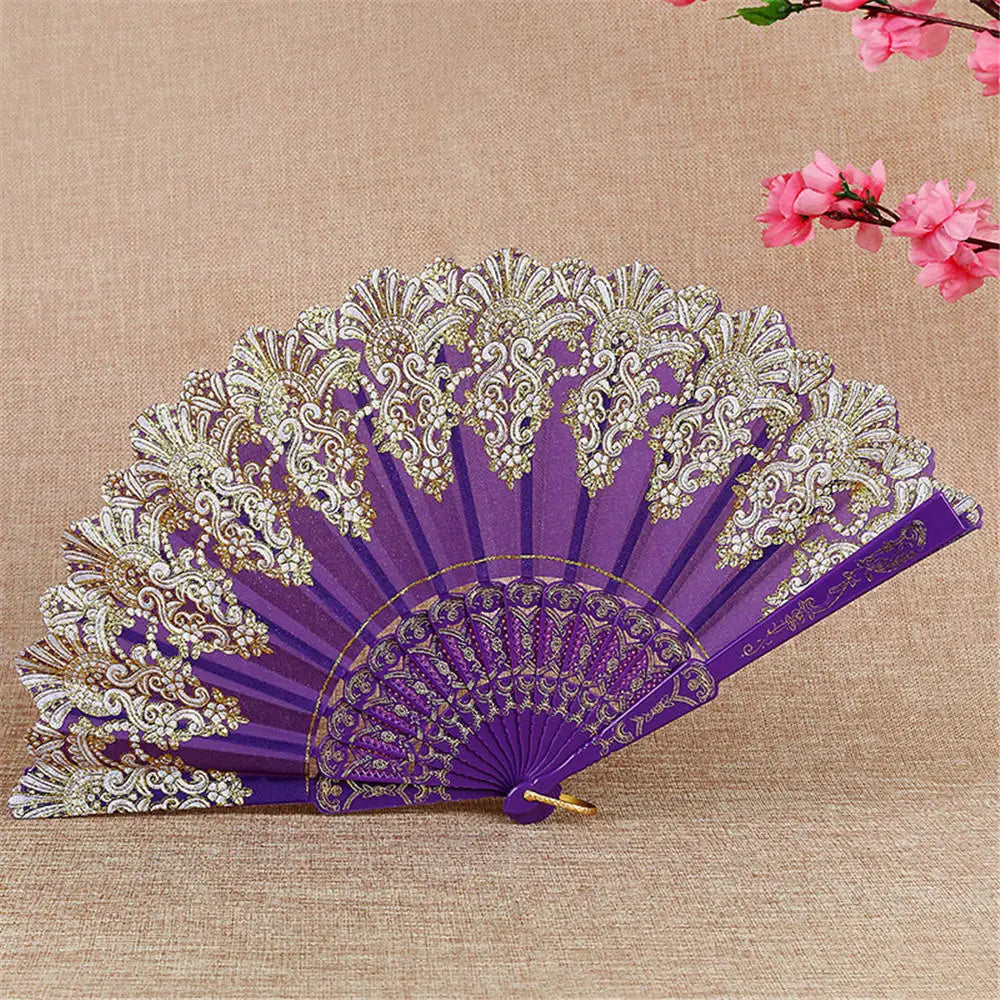 Chinese Style Folding Dance Fans Wedding Party Lace Silk Hand Held Flower Fan Vintage Lace Hand Held Fan Women Girl Photo Prop Oasis Select Purple