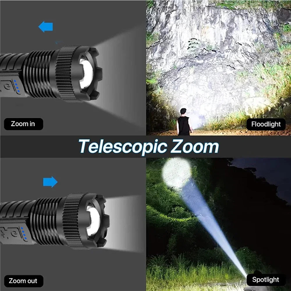 Ultra-bright LED Zoomable Flashlight Type-C Rechargeable Tactical Torch Red Blue Double Flash Outdoor Camping Emergency Lantern Oasis Select