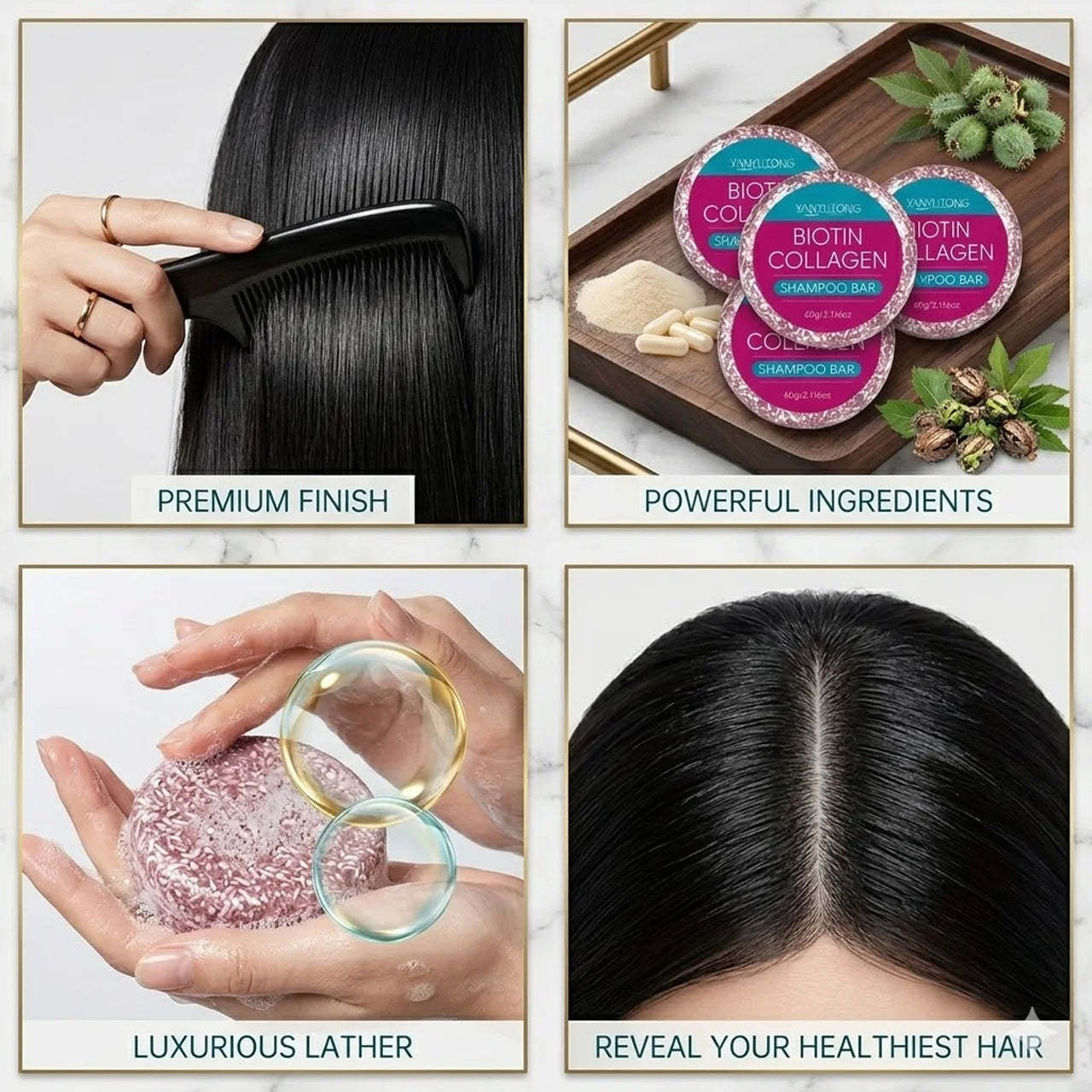 Biotin-enriched collagen shampoo bar provides hydration and nourishment, deeply nourishes the scalp, cleans gently, and protects Oasis Select