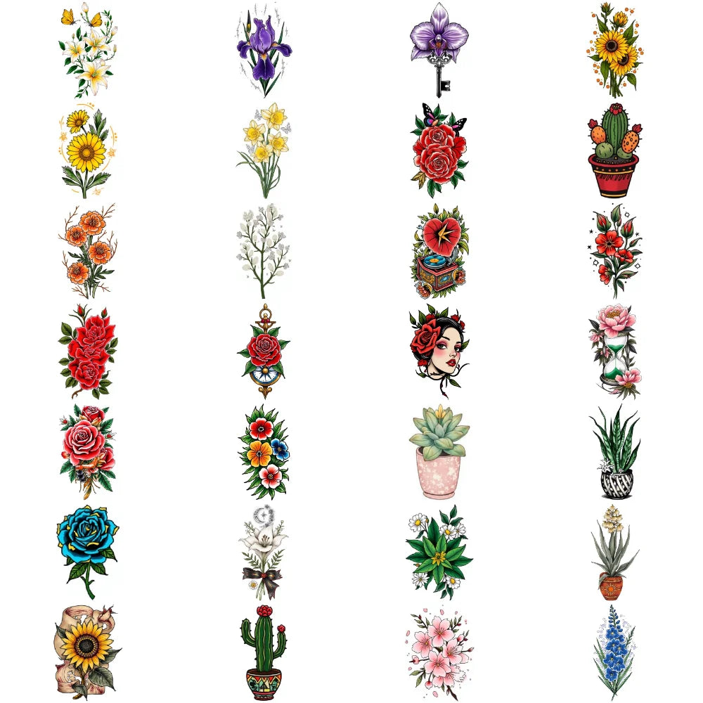 28pcs Waterproof Temporary Tattoos – Rose, Cactus & Sakura
