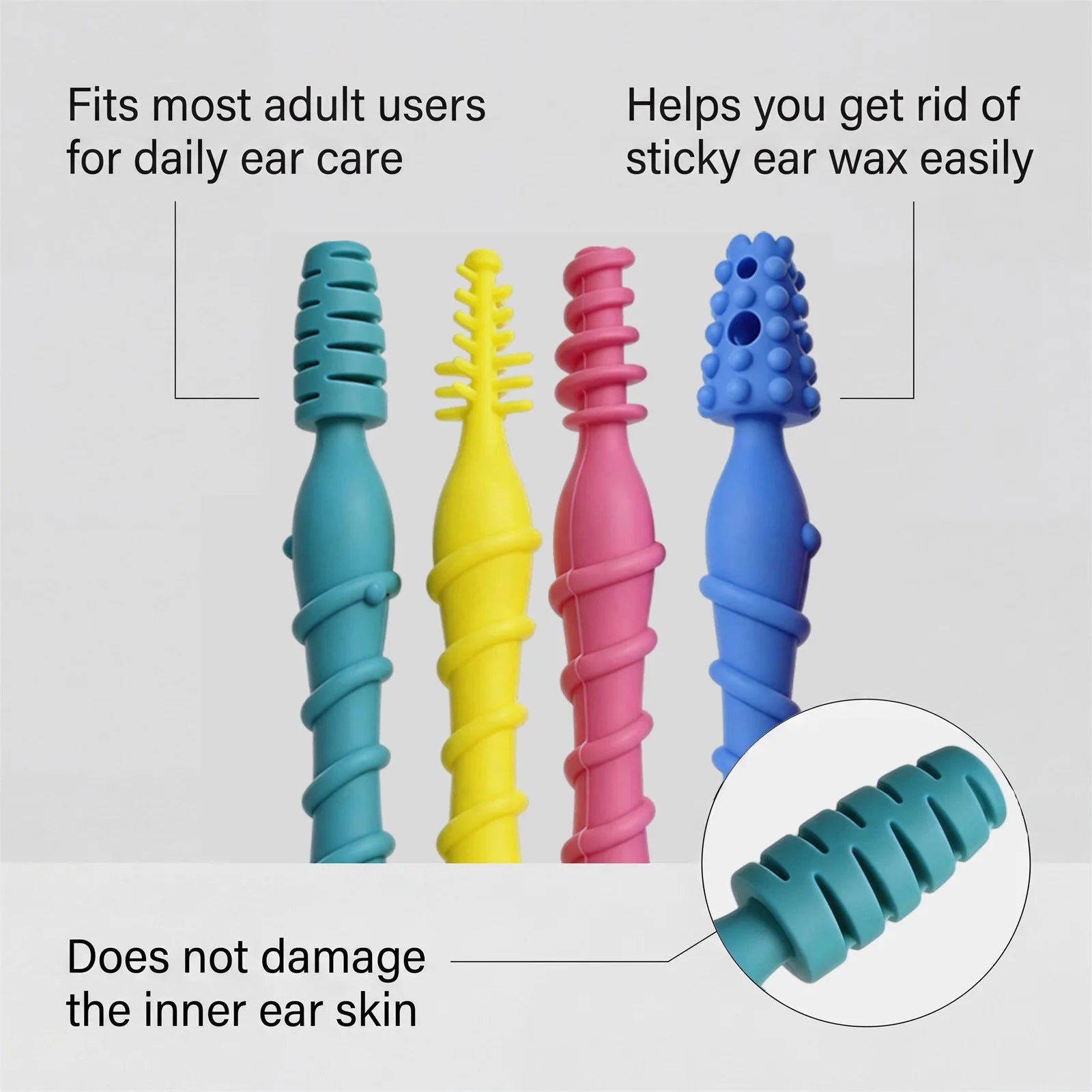 4Pcs Silicone Ear Wax Remover Tool Kit 4 Unique Heads Painless Ear Canal Cleaner Removes Earwax Buildup Relieves Discomfort Oasis Select