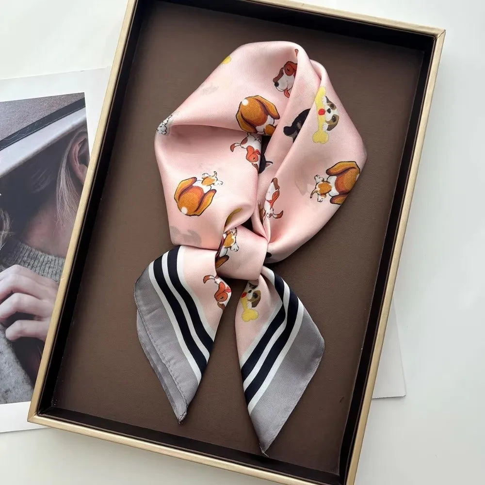 Cute 70x70cm Women Square Scarf Soft Silk Satin Cartoon Dog Print Shawl Hijab Fashion Accessory Oasis Select