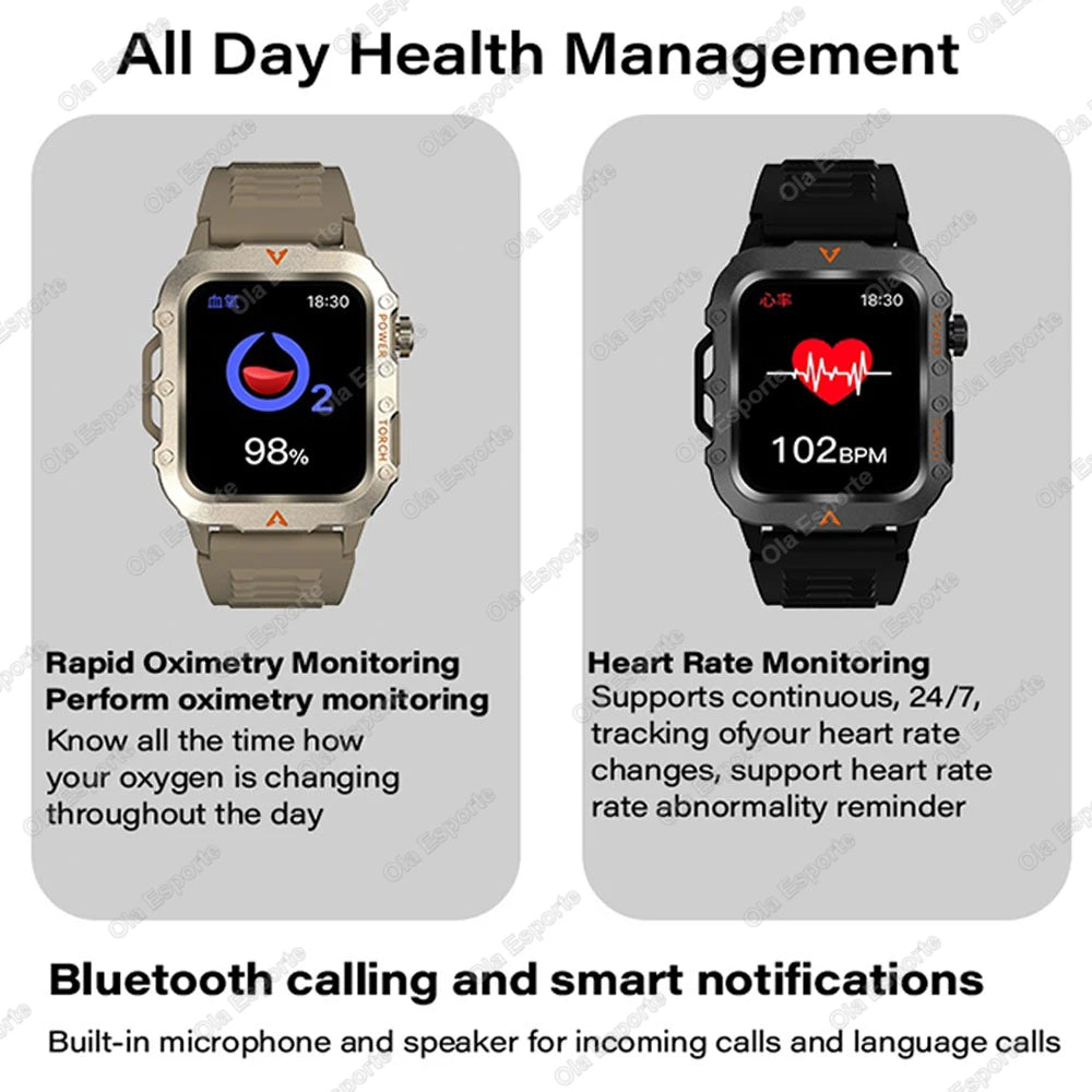 Men's Military Outdoor Smartwatch | Bluetooth Call & LED Flashlight