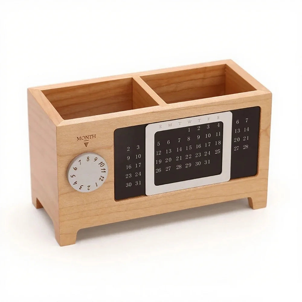 Creative Wooden Calendar Pen Holder Multifunctional Desktop Organizer Stationery Pencil Storage Box Remote Control storage Box Oasis Select Pine color