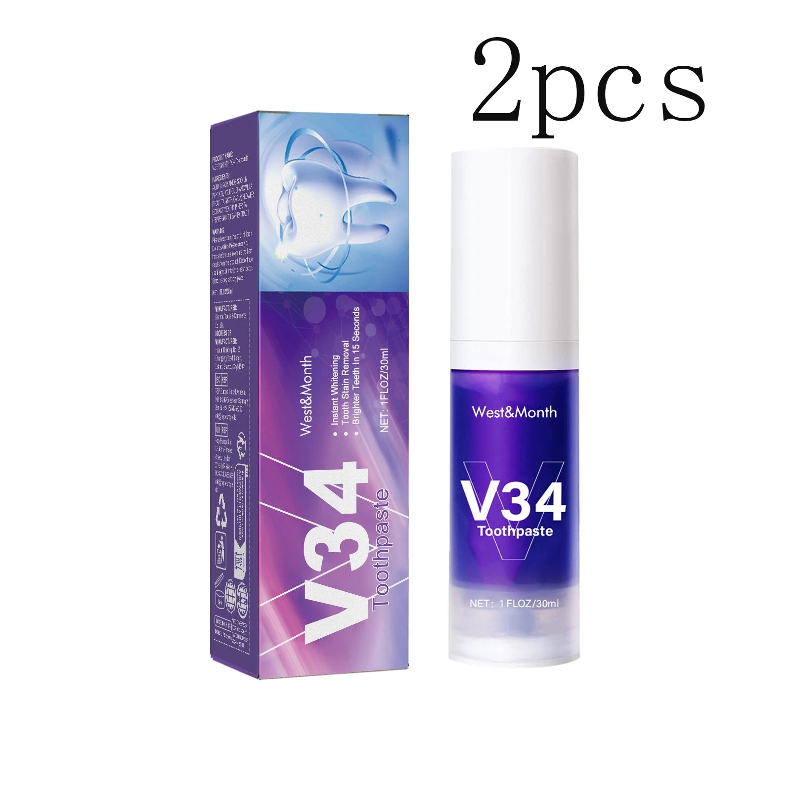 V34 Cleansing Mousse, Intensive Teeth Whitening, Gentle Gum Care & Long-Lasting Fresh Breath, Convenient Press-Type Toothpaste Oasis Select 2pcs