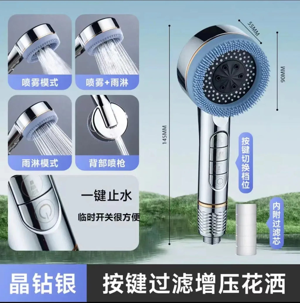 New 4 Modes Shower Head High Pressure Showerhead One-Key Stop Water Massage Shower Head With Filter Element Bathroom Accessories Oasis Select Sliver Shower