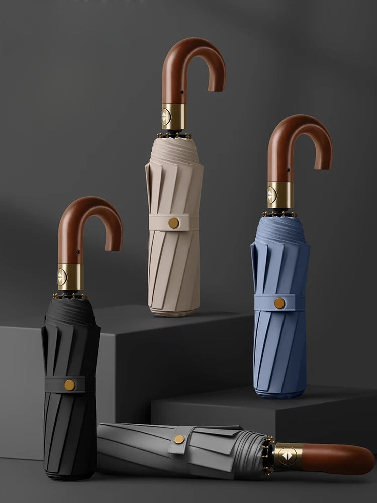 Automatic Umbrella Bent Hook Wooden Handle Umbrella Large Double Thickened Storm Resistant Umbrella Oasis Select