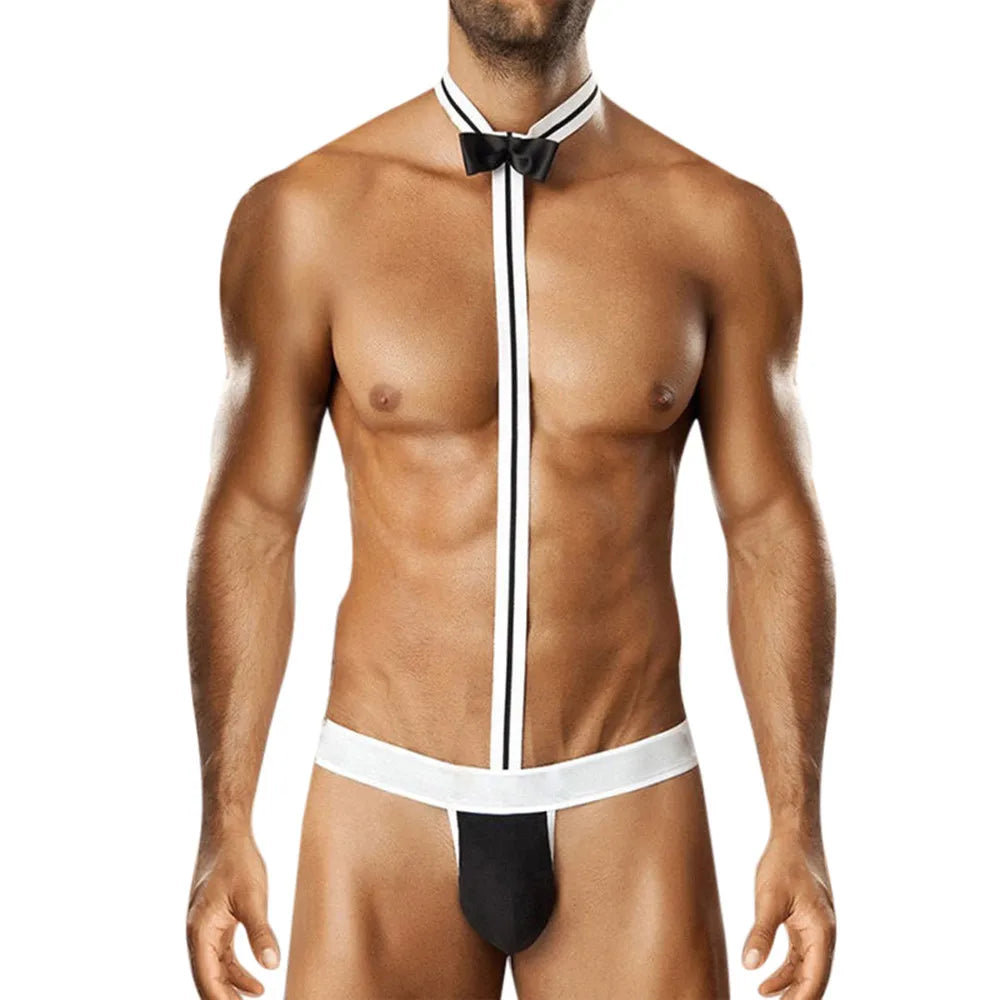 Male Underwear Hot T String Home Men's Sexy Lingerie Bodysuit Bow Tie Performance Clothes T-back thong Thongs Intimates costumes Oasis Select Black