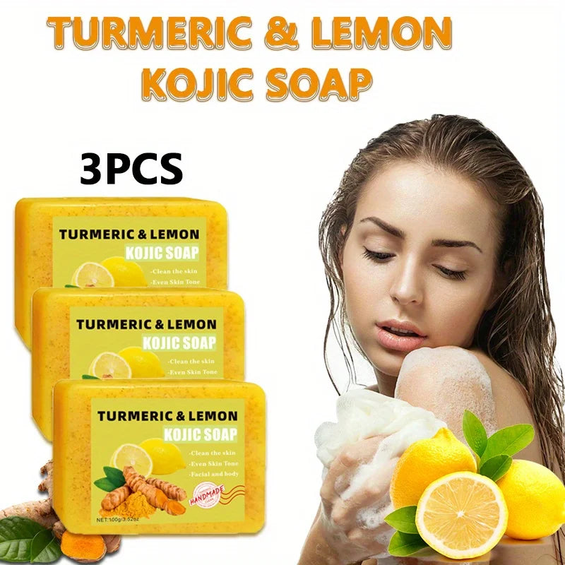 3PCS Lemon Turmeric Kojic Acid Soap, Face and Bath 2-in-1, Deep Moisturizing and Moisturizing Skin Suitable for All Skin Types Oasis Select 300G