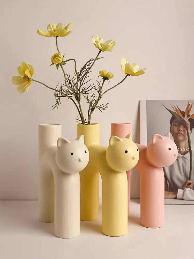 Ceramic Flower Vase Cute Tubular Kawaii Cat Vase Room Home Desktop Decoration Art Ornament Gift Flowerpot Vase Decor Oasis Select