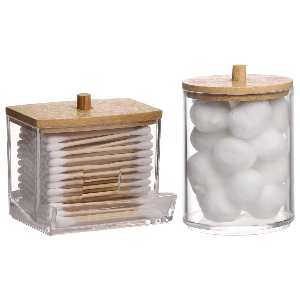 2pcs Bathroom Container with Wood Lids, 10 OZ, 7 OZ Cotton Ball/Swabs Dispenser, Apothecary Organizer Jar for Storage Oasis Select 2pcs