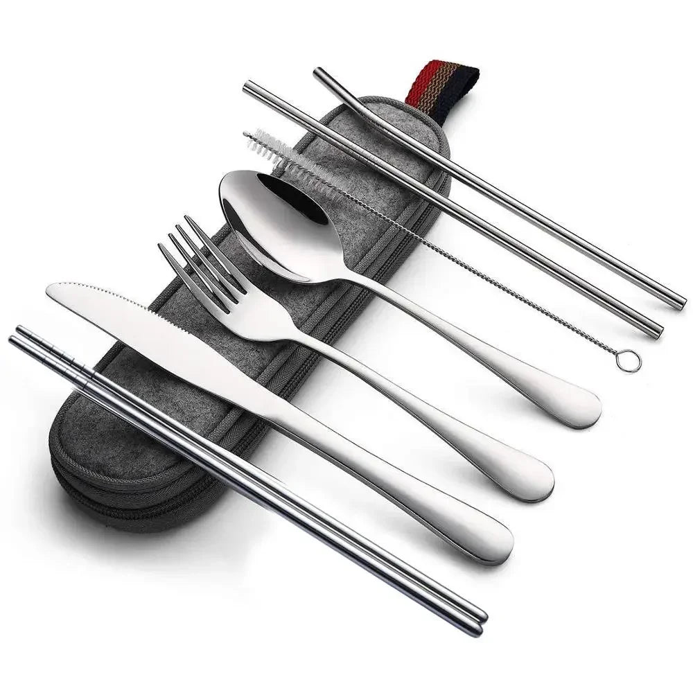 8Pcs/set Tableware Reusable Travel Cutlery Set Camp Utensils Set with Stainless Steel Spoon Fork Chopsticks Straw Portable Case Oasis Select Silver