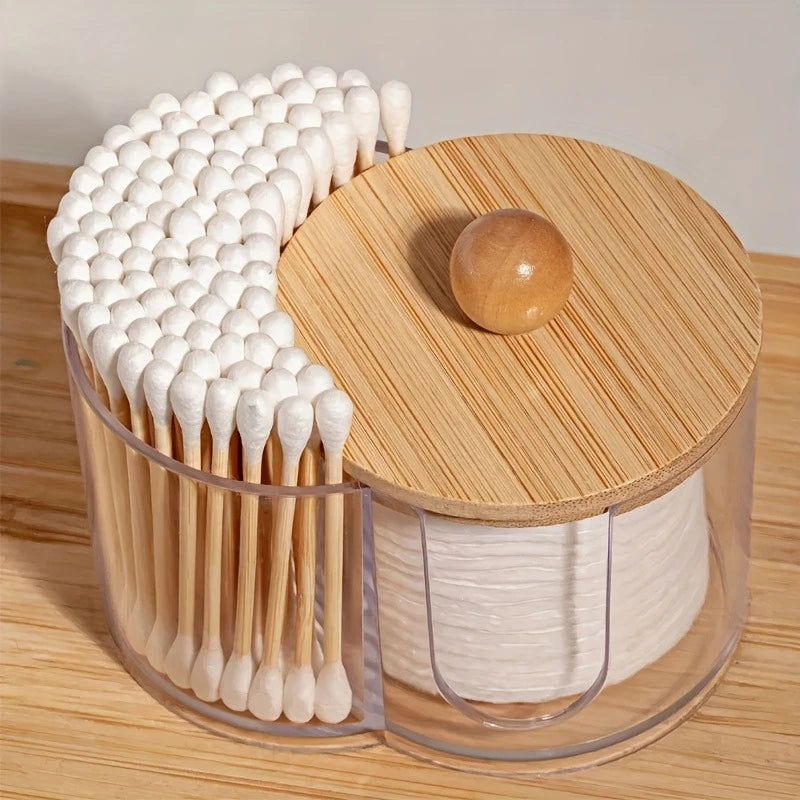 2-in-1 Clear Cotton Pad Swab Organizer Bamboo Lid Dual Compartment Space Saving Bathroom Vanity Storage Box with Bamboo Cover Oasis Select