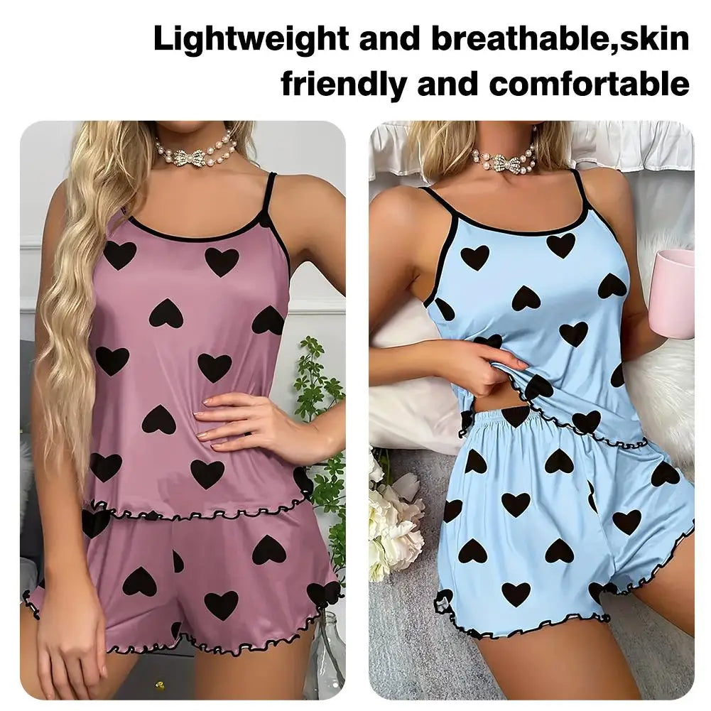 Women's Pajama Set Pajamas T-Shirts Shorts Pink Heart-Shaped Print Round Neck T-Shirt Ice Silk Top Comfortable Casual Four Seas Oasis Select