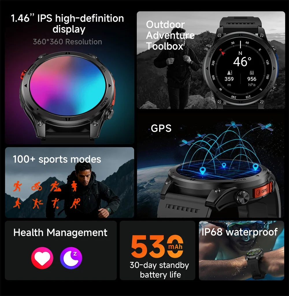 Outdoor GPS Path 1.46"100+ Multi-sport Mode BT Call Smart Watch IP68 Waterproof Sports Run Tracker Compass Smartwatch Men 530mAh Oasis Select
