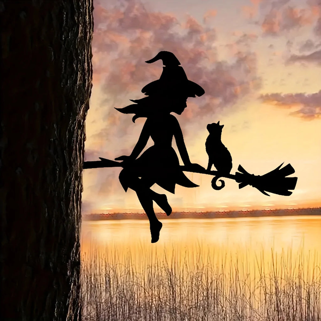 Enchanting Witch & Cat Garden Decor - Durable Iron Art with Flying Broomstick, for Halloween & Outdoor, Outdoor Garden Decor Oasis Select