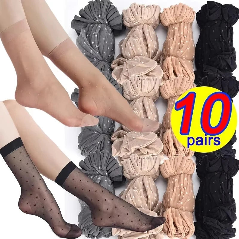 10/20/30pairs Cool Breathable Summer Sexy Black Skin Dot Sock Solid Color Dot Socks Women Girls High Stretch Mesh Nylon Sock Oasis Select
