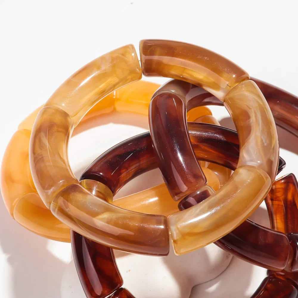 Fashion Acrylic 4PCS/Set Resin Amber Bamboo Bead Elastic Bracelet Bangles Tube Beads Handmake 2024 Trendy Designer Bracelet Set Oasis Select