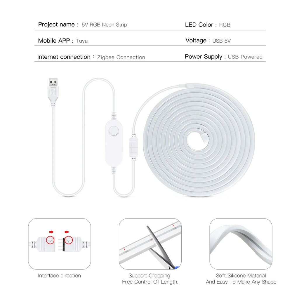 USB 5V Smart Tuya Zigbee 3.0 Neon LED Strip Light RGB/Warm White/White TV Gaming Room Ambinet Backlight Work with Alexa Google Oasis Select