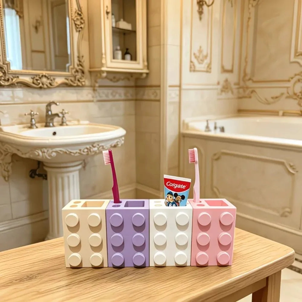 Cute Building Block Toothbrush Storage Rack Multi-Purpose Bathroom Counter Organizer Practical Washroom Vanity Accessory Decor Oasis Select