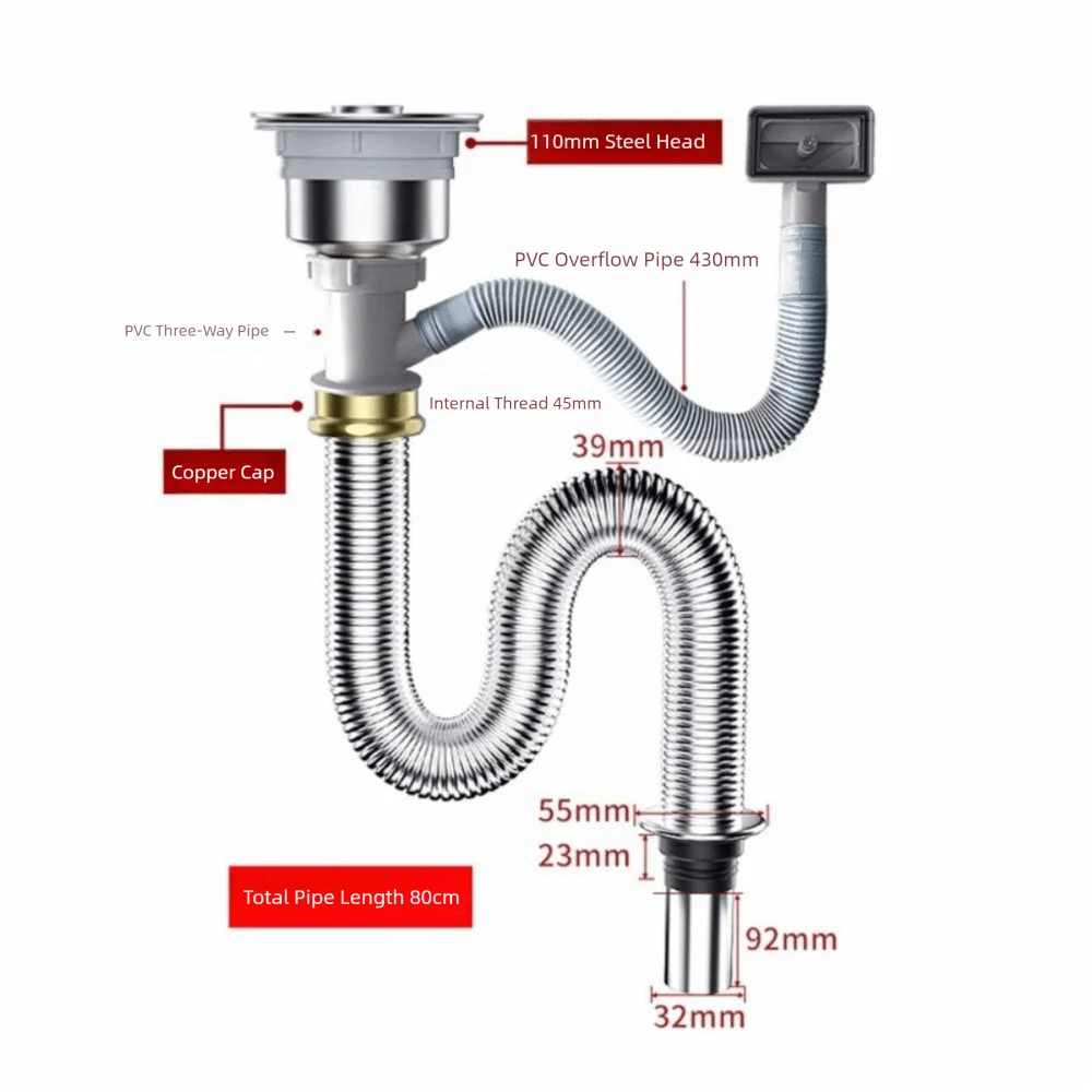Stainless Steel Sink Drain Pipe Set Easy Install Space Saving Anti-Leak Drainage Kit Single/Double Bowl Anti Clogging Drain Hose Oasis Select