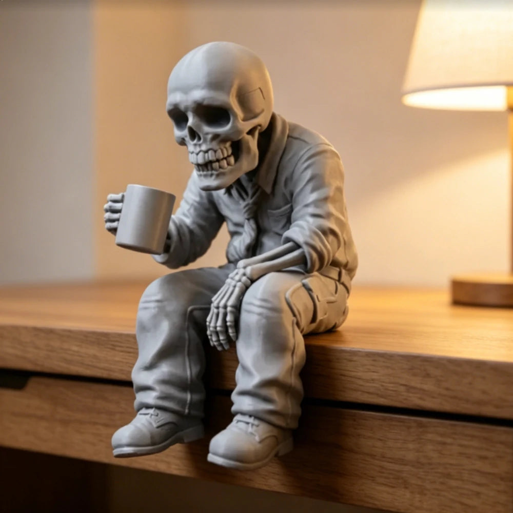 Seated Eerie Office Worker Skeleton Figurine 3D Printed Coffee Drinking Skull Desk Ornament for Humorous Home Office Decor Gifts Oasis Select
