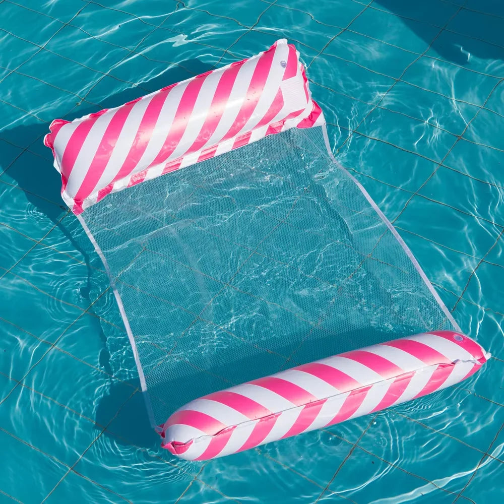 Foldable Striped Inflatable Lounge Chair for Swimming Pool Beach Leisure with Net Backrest Portable Floating Bed Oasis Select rose