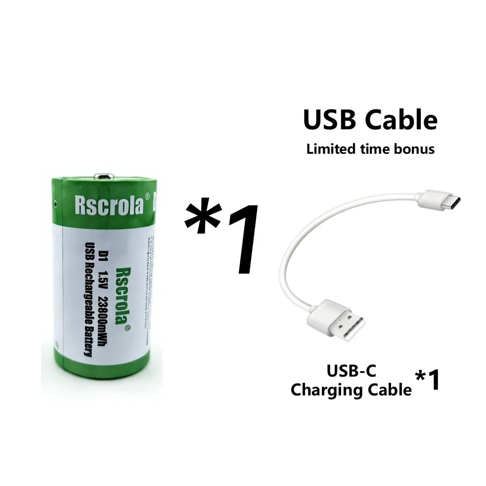 1.5V 23800mWh D Cell Batteries Rechargeable D Batteries with Charger Cable for Gas Cooker Water Heater Flashlight Radio Tool Toy Oasis Select 1P D1 Battery 1.5V