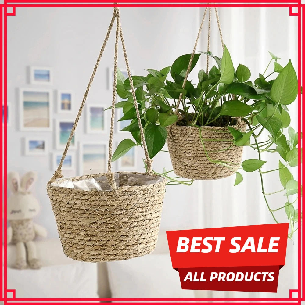 1PC Straw Hanging Basket Planter Twine Woven Flower Basket Rattan Basket Hanging Orchid Pot Pot Hanging Basin Oasis Select