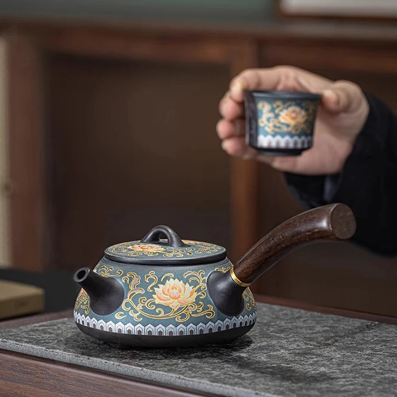 Purple Sand Ruyi Side Teapot Chinese Household Filter Pot Ceramic Kung Fu Tea Set Retro Relief Bubble Teapot Oasis Select