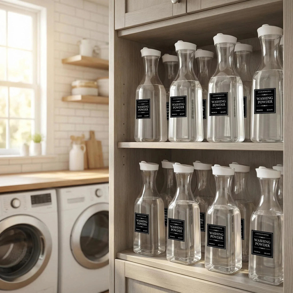 Laundry Detergent Dispenser Bottle with Labels Refillable Plastic Liquid Soap Container White Cap Room Organizer Storage Oasis Select