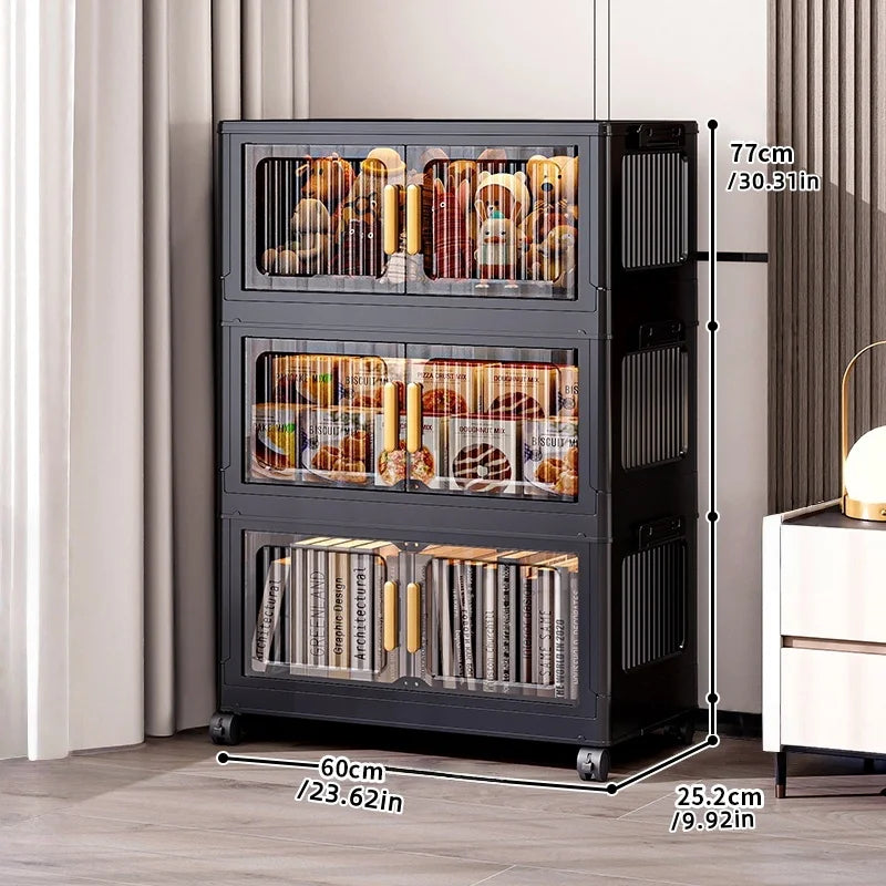 Foldable Clear Double-Door Storage Cabinet Large Space-Saving Mobile Organizer Dustproof Moisture-Proof for Kitchen Living Room Oasis Select 3 Tiers