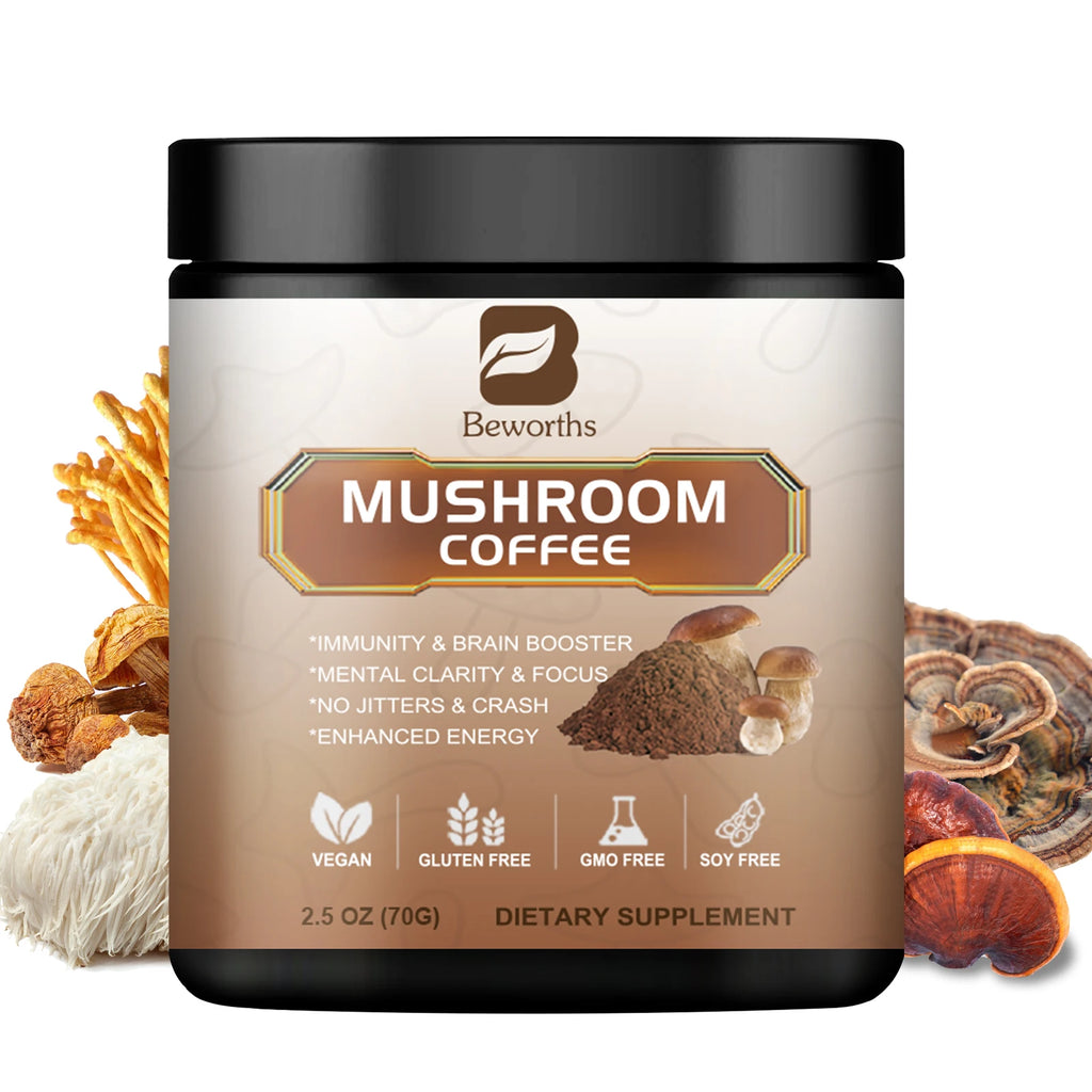 BWEORTHS 70G Mushroom Coffee Mixed Reishi & Lion's Mane Mushrooms Support Immunity and Focus Health Boost Memory 70g NO-GMO Oasis Select 70g United States