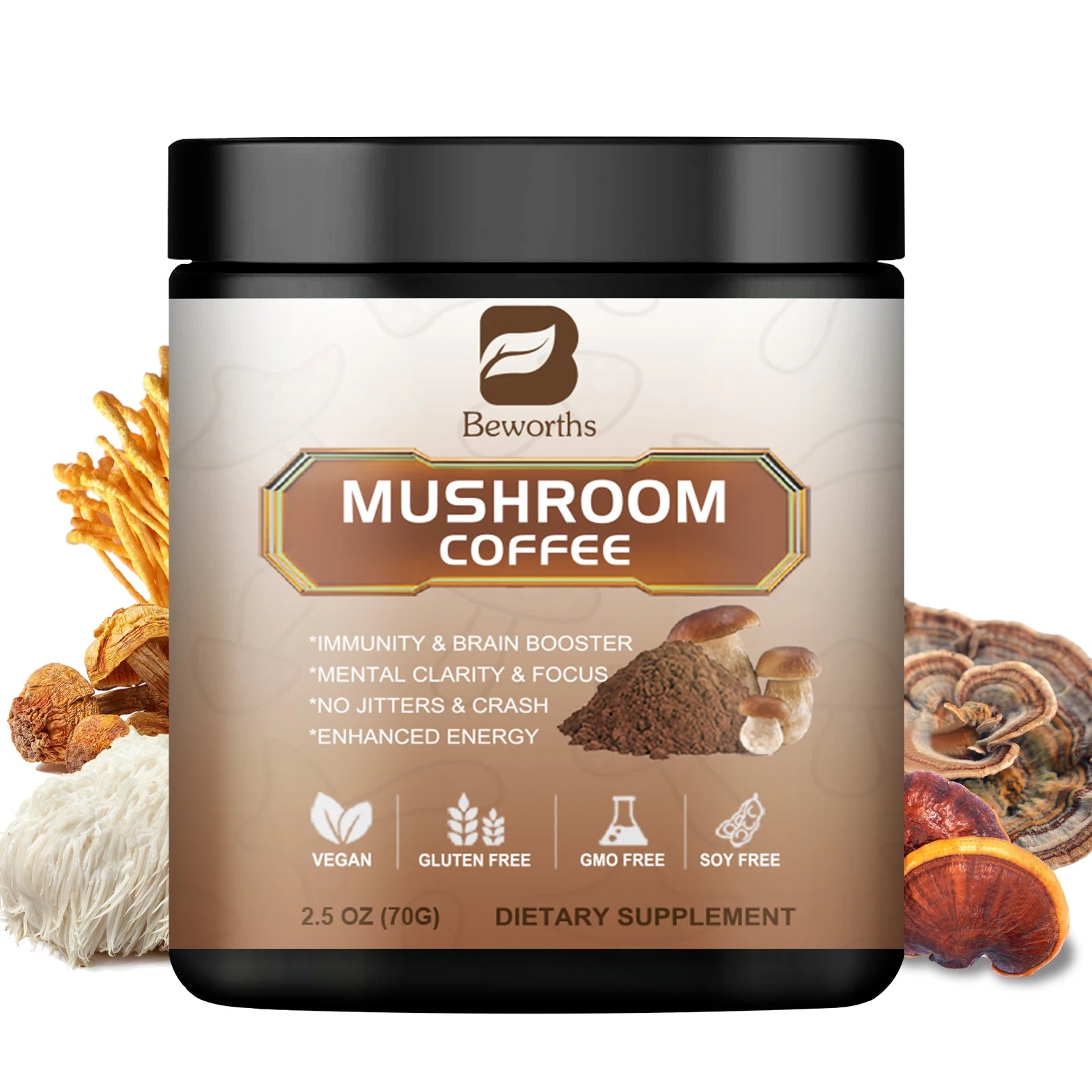 BWEORTHS 70G Mushroom Coffee Mixed Reishi & Lion's Mane Mushrooms Support Immunity and Focus Health Boost Memory 70g NO-GMO Oasis Select 70g United States