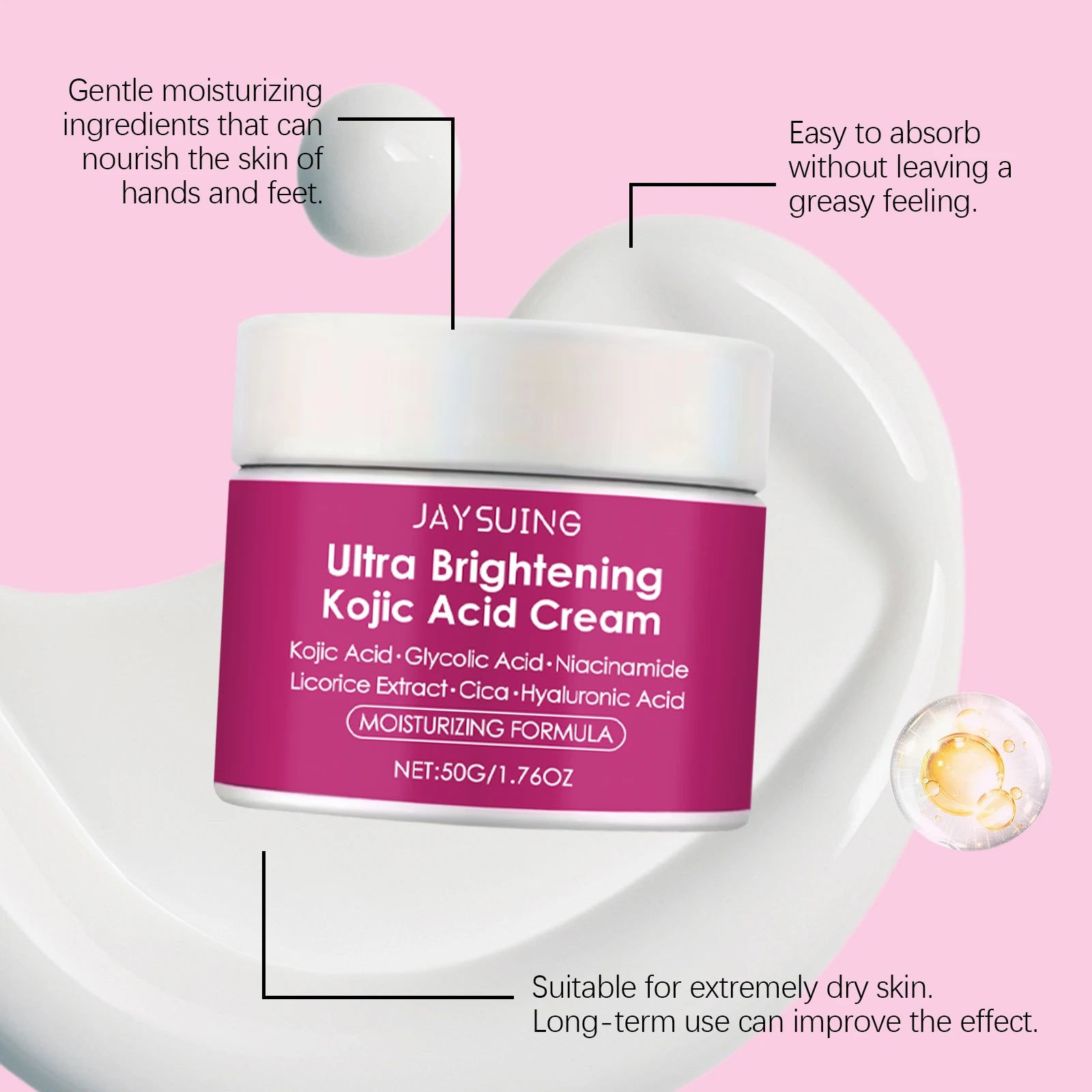 Kojic Acid Brightening Cream Dark Spot Remover Evens Tone Glowing Skin Centella Asiatica Hyaluronic Acid Niacinamide Moisturizer Oasis Select