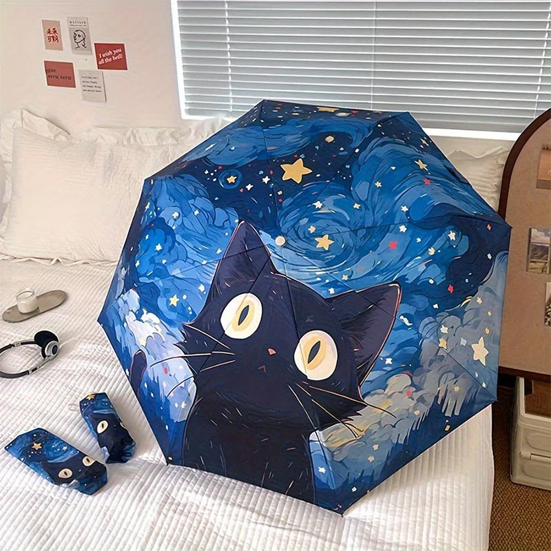 Blue cartoon cat folding umbrella professional sun protection and UV protection umbrella suitable for sunny and rainy days. Oasis Select