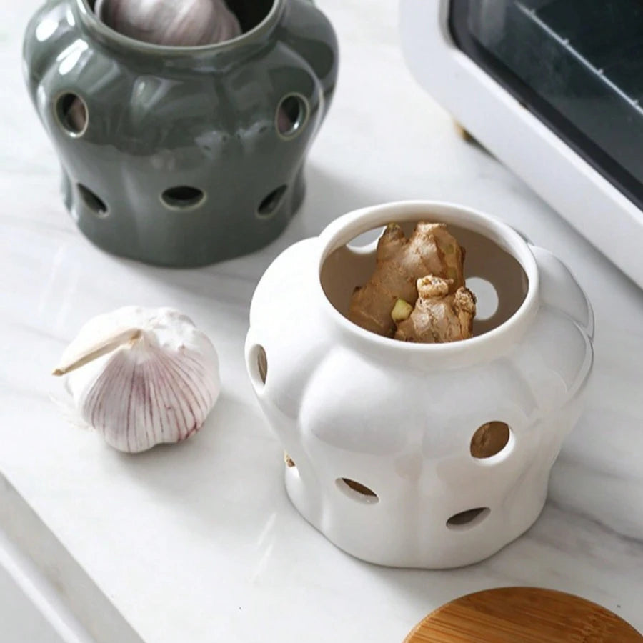 Ceramic Garlic Storage Jar Hollow Out Breathable Ginger Garlic Storage Jar Garlic Ginger Porcelain Container Kitchen Organizers Oasis Select