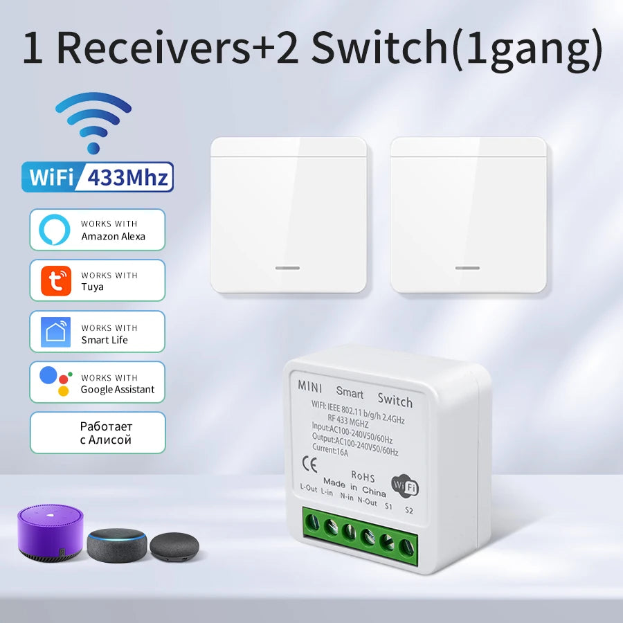 Tuya WiFi 433MHz Smart Wall Switch 1/2/3 Gang – Alexa & Google Smart Wall Switch Oasis Select 1 Receiver 2 Switch