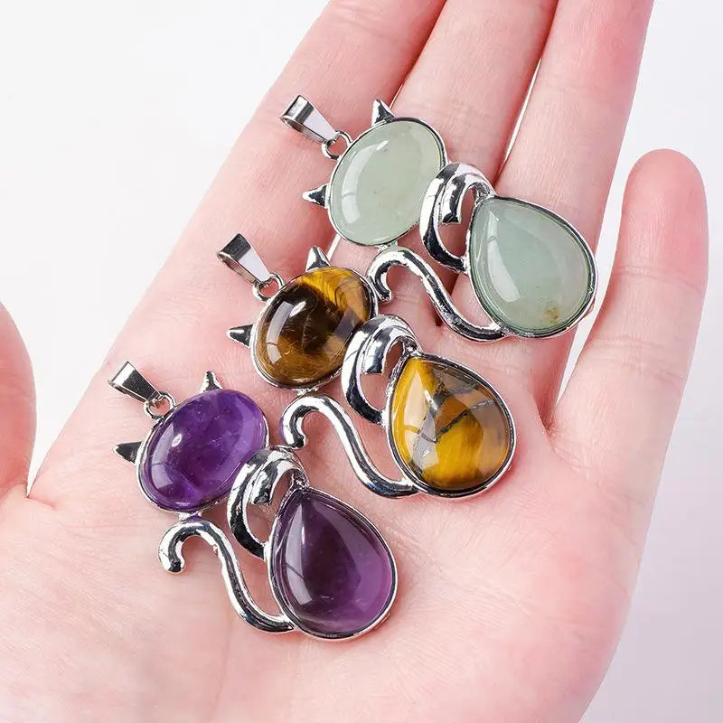 Natural Stone Cat Pendant – Amethyst, Tiger Eye & Crystal
