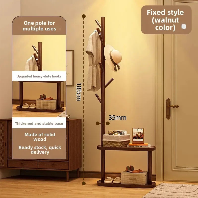 Multi-functional Bedside coat rack living room solid wood hanger double storage home floor hanger bedroom Oasis Select Walnut-C