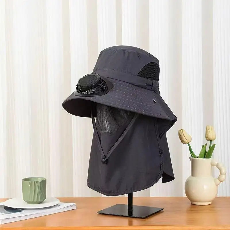 Men Solar Fan Wide Brim Fishing Hat with Shawl, USB Rechargeable UV Protection Outdoor Sun Hat Oasis Select dark grey
